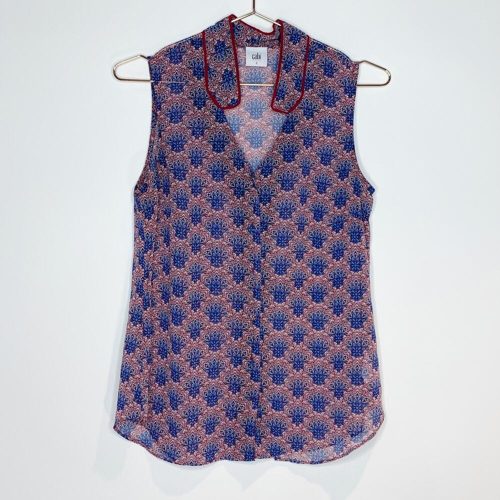 CAbi 3620 Fan Button Up Blouse Sleeveless Burgundy‎ Navy Blue Sheer Size S